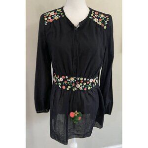 Tory Burch Fleur Tunic Shirt Black Embroidery Tassel Size 8